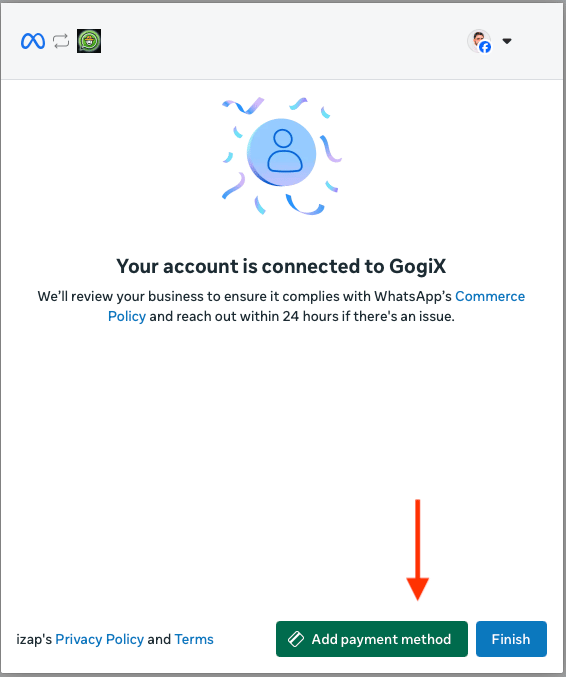 Pantalla de Meta que confirma que tu cuenta está conectada a GogiX, con los botones para agregar un método de pago y finalizar.