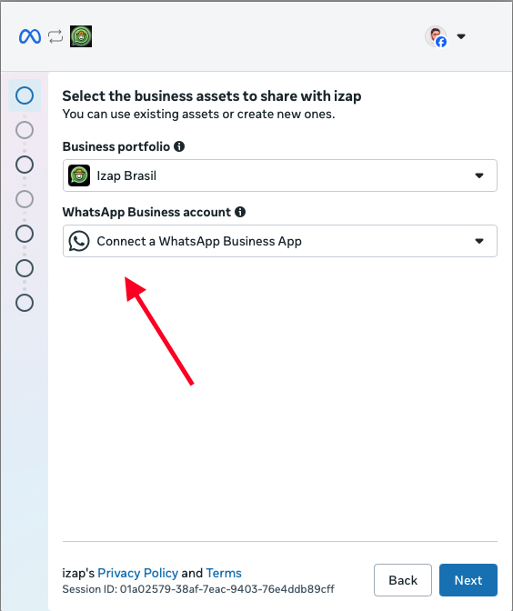 Pantalla de Meta con el campo de la cuenta de WhatsApp Business destacado, listo para seleccionarse.