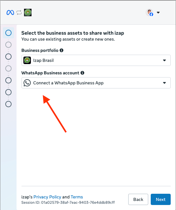 Pantalla de Meta con el campo de la cuenta de WhatsApp Business destacado, listo para seleccionarse.