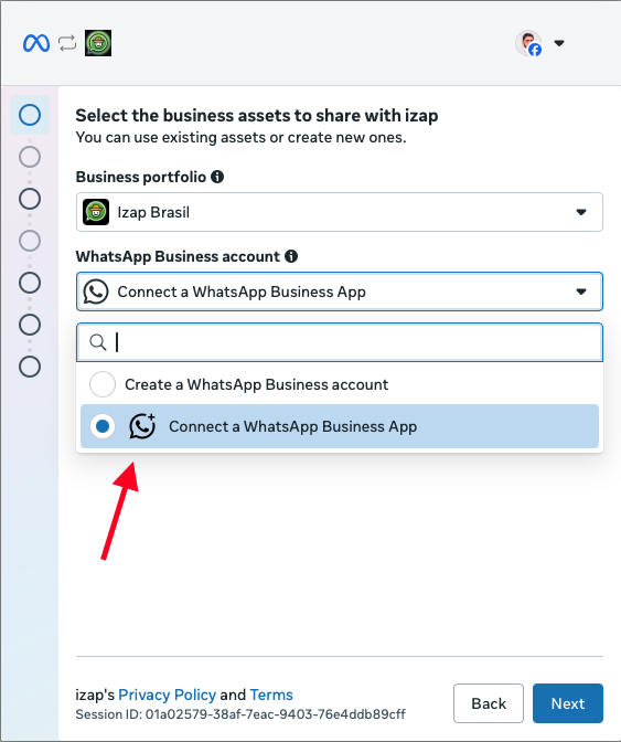 Pantalla de Meta con el menú de la cuenta de WhatsApp Business abierto, mostrando las opciones de crear una cuenta o conectar una app WhatsApp Business.