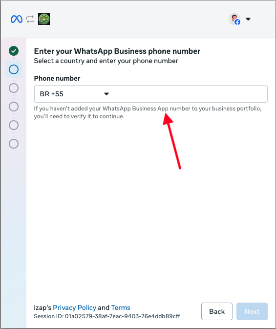 Pantalla de Meta para ingresar el número de teléfono de WhatsApp Business, con los campos de país y número vacíos.