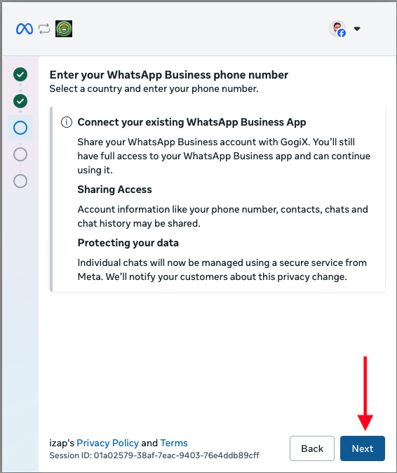 Pantalla de Meta con el número completado, el aviso sobre conectar la app WhatsApp Business existente y el botón Siguiente destacado.