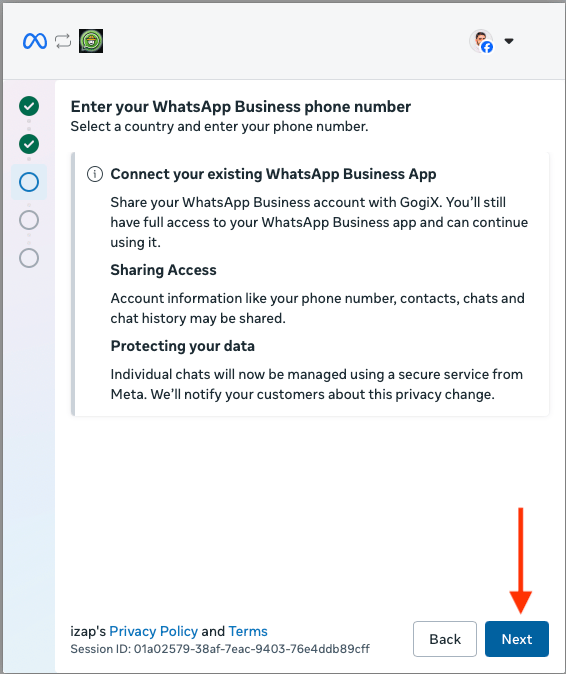 Pantalla de Meta con el número completado, el aviso sobre conectar la app WhatsApp Business existente y el botón Siguiente destacado.