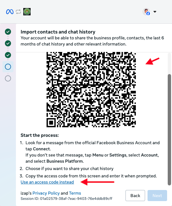 Pantalla de Meta para importar contactos e historial de chats, con el código QR para escanear y el enlace para usar un código de acceso.