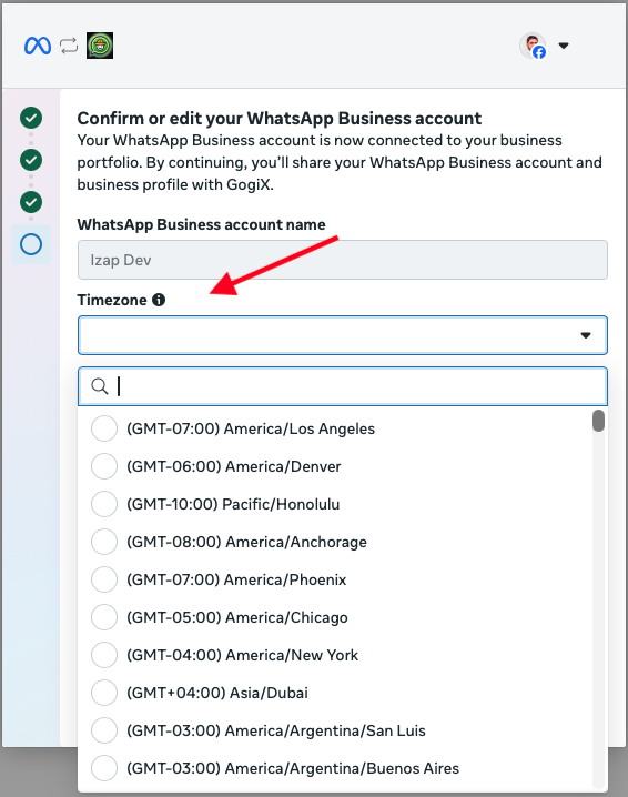 Pantalla de Meta para confirmar o editar la cuenta de WhatsApp Business, con el campo de zona horaria abierto para seleccionar.