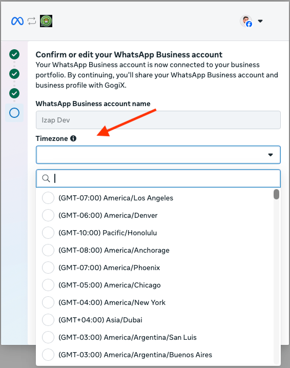 Pantalla de Meta para confirmar o editar la cuenta de WhatsApp Business, con el campo de zona horaria abierto para seleccionar.