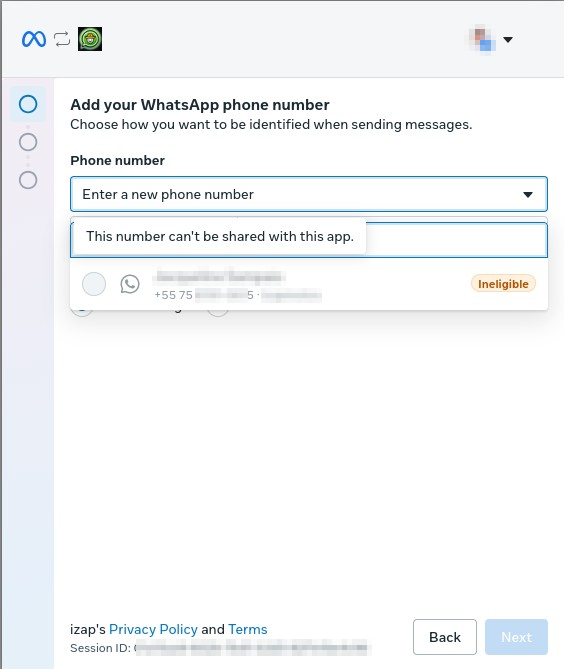 Etapa Adicione seu número de telefone do WhatsApp no cadastro da Meta, com o número desabilitado, o selo Não qualificado e o aviso Este número não pode ser compartilhado com este app.