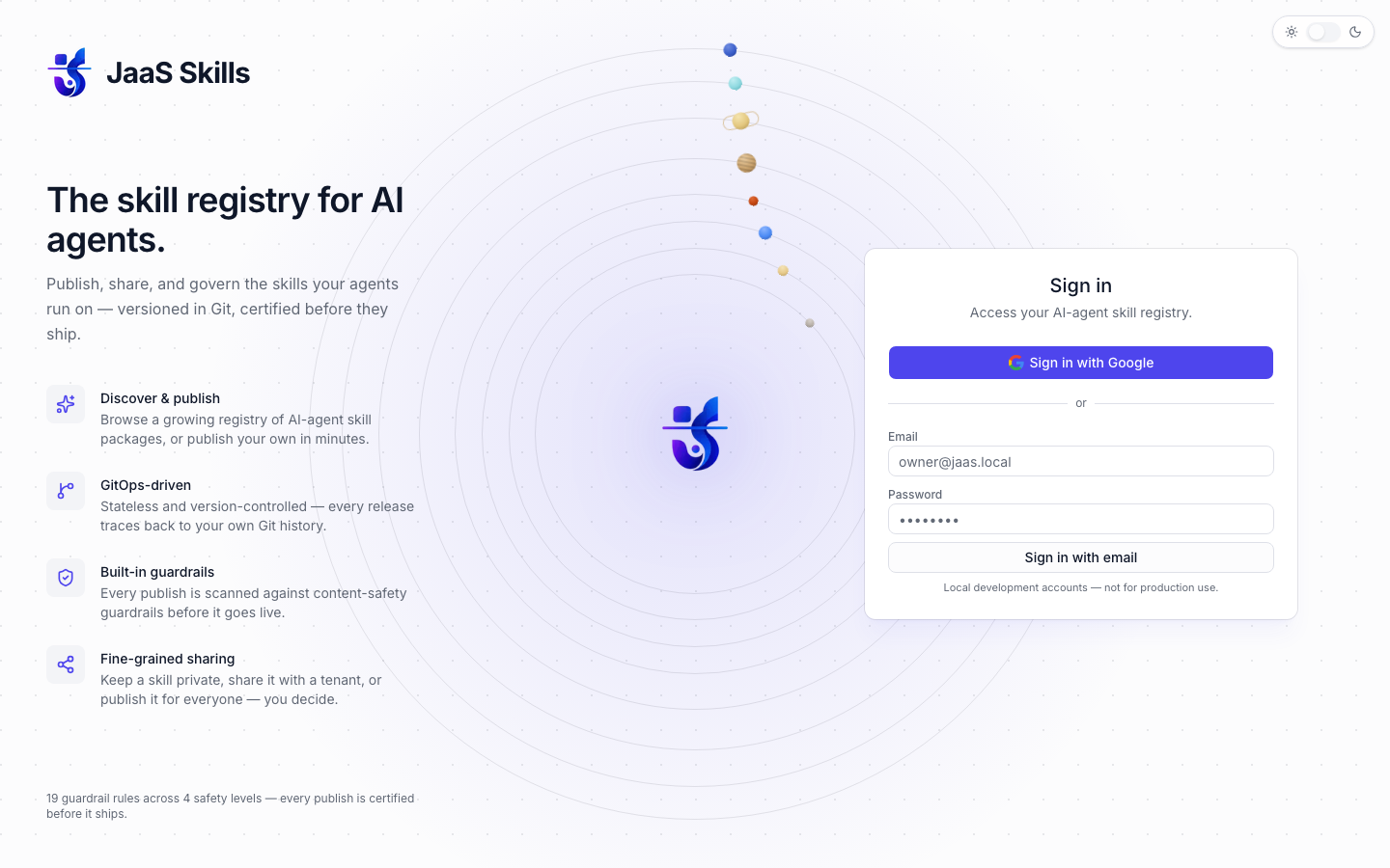 JaaS Skills sign-in page with Google and dev-login email/password fields