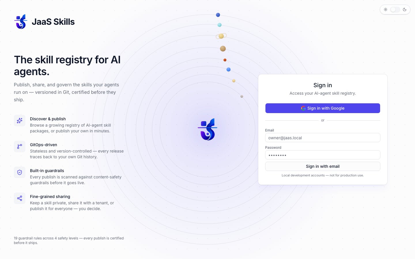 JaaS Skills sign-in page with Google and dev-login email/password fields