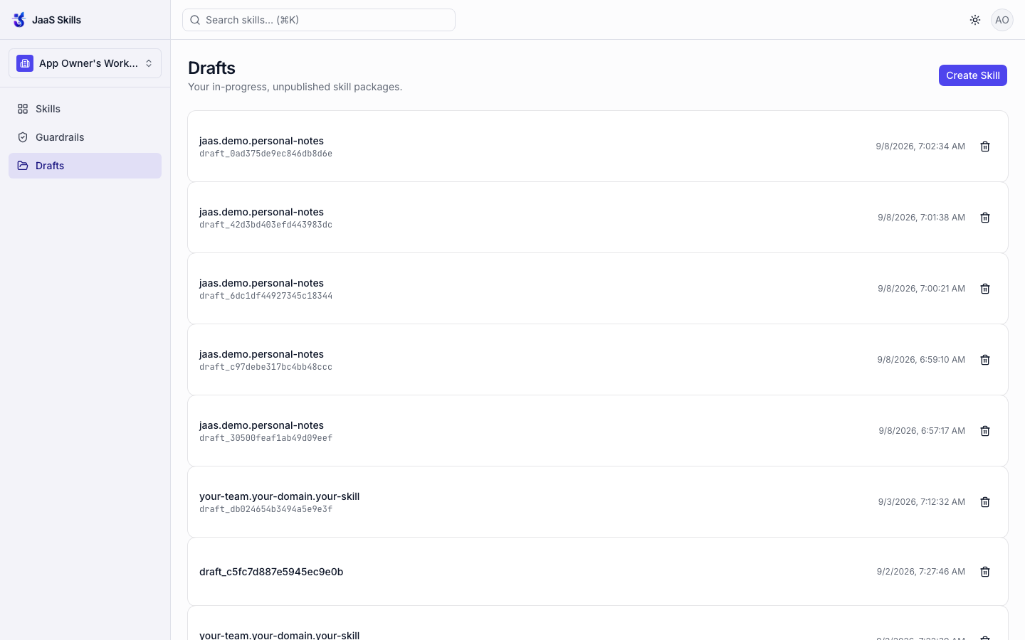 Drafts list page with a Create Skill button