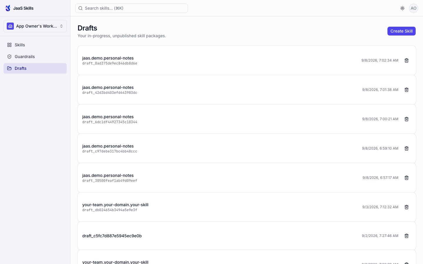 Drafts list page with a Create Skill button