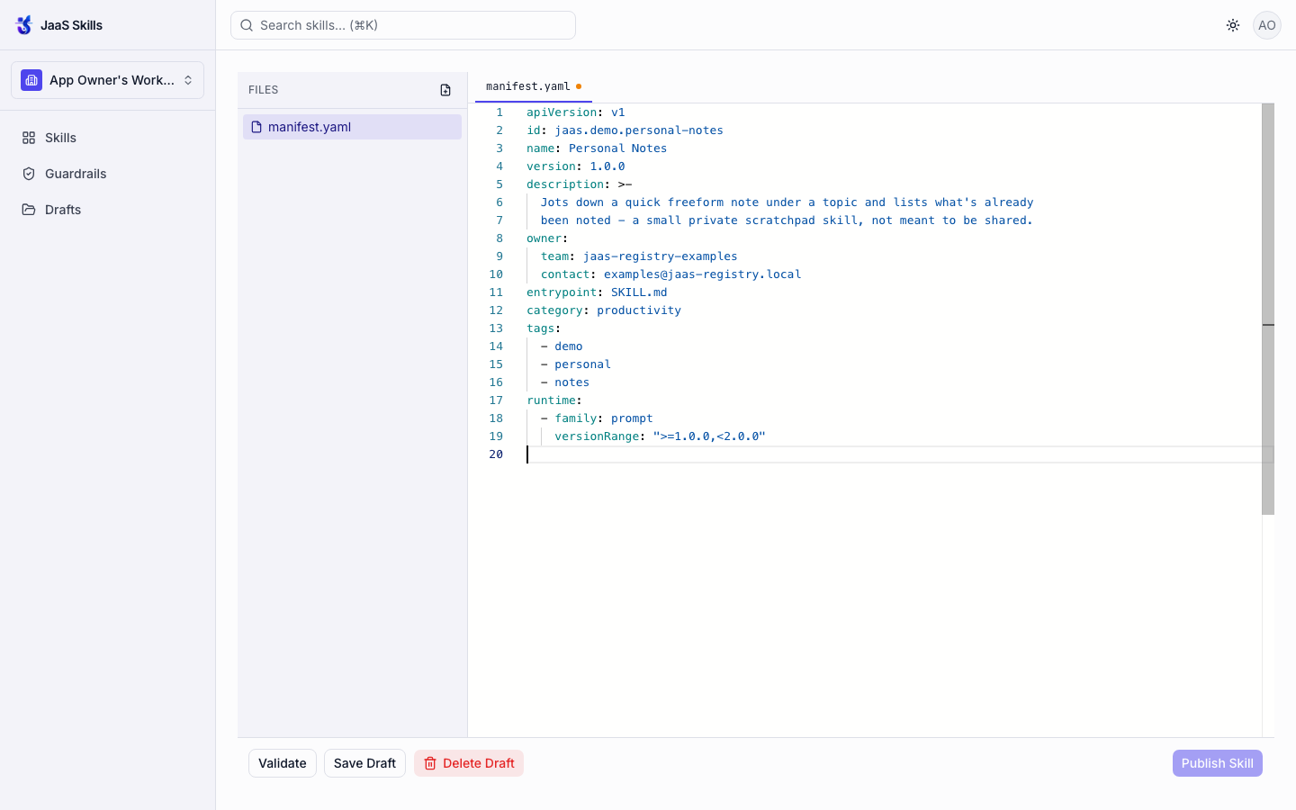 Monaco editor showing the completed personal-notes manifest.yaml