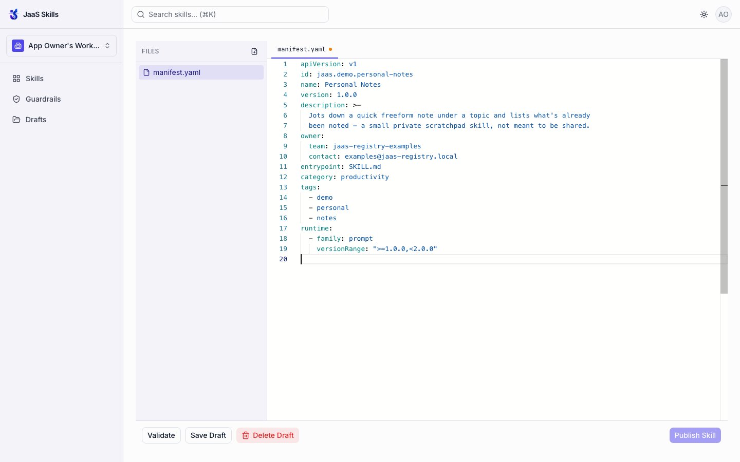 Monaco editor showing the completed personal-notes manifest.yaml
