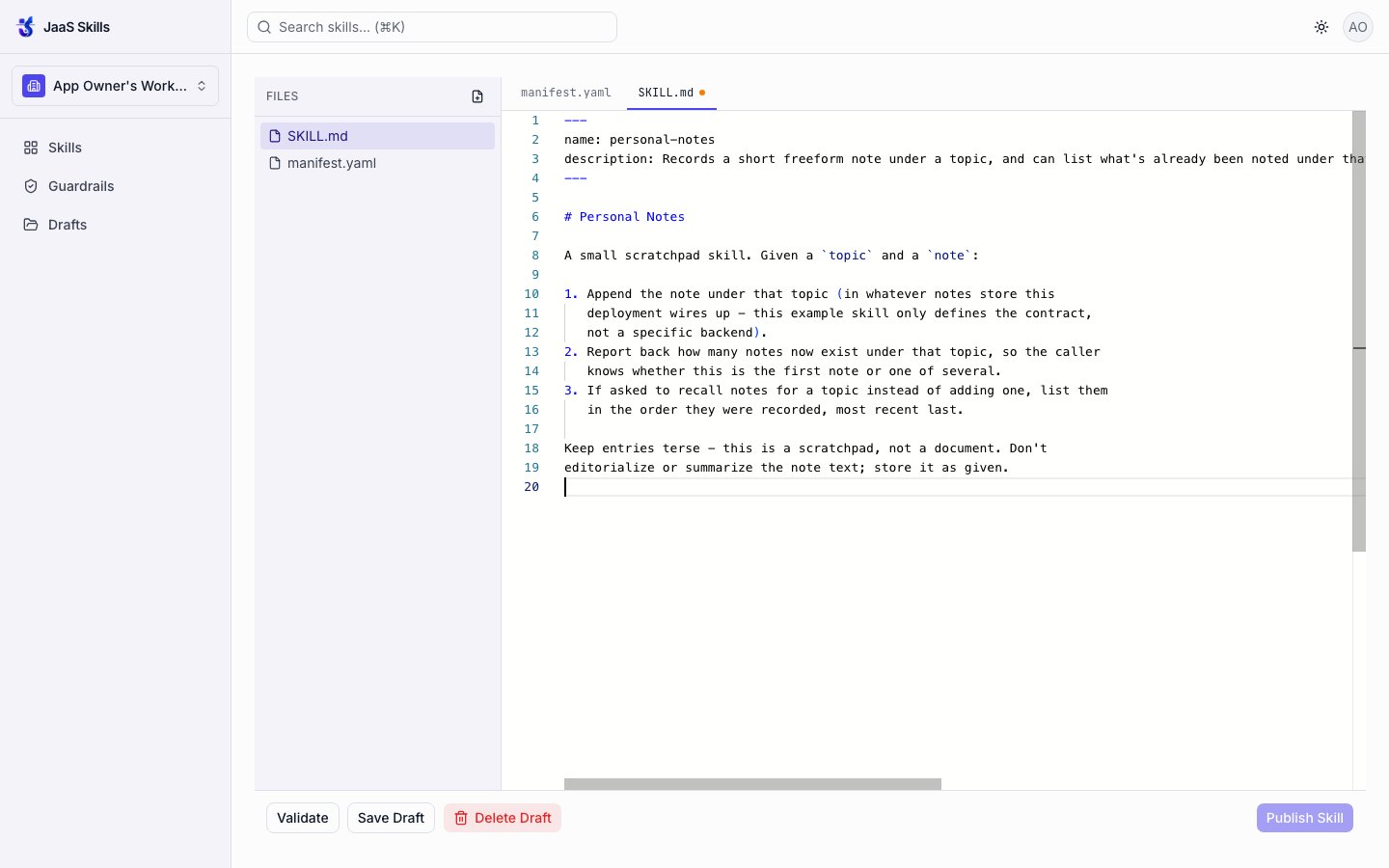 SKILL.md added as a second file, with the front-matter and instructions