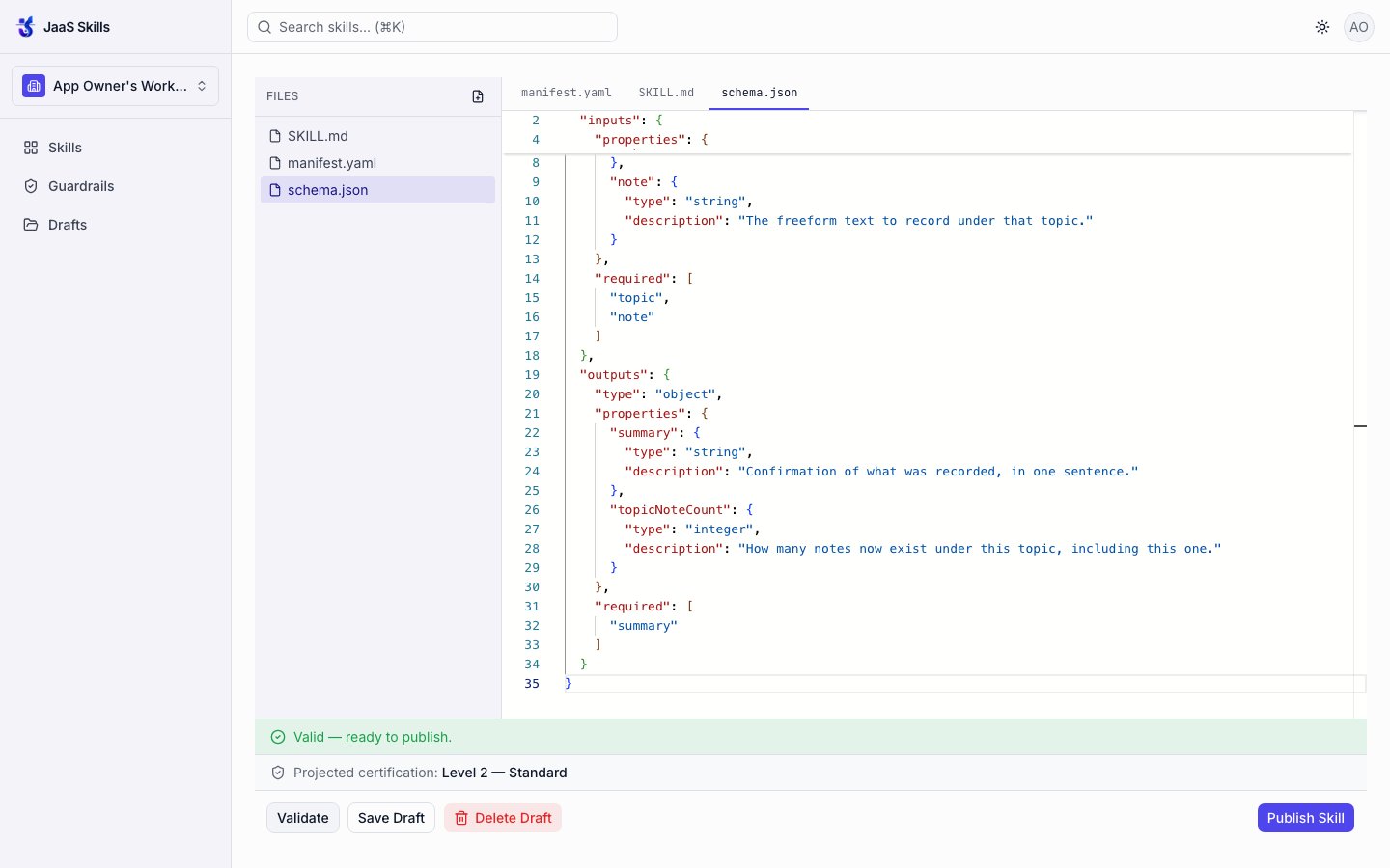 Validate result: Valid — ready to publish, projected certification Level 2 — Standard