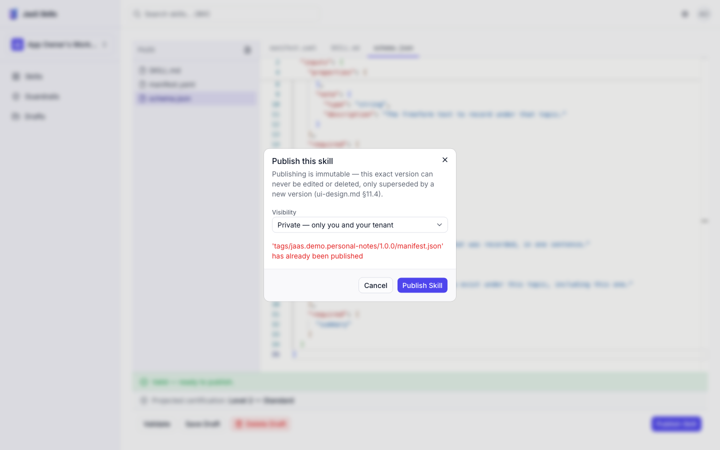 Publish dialog showing an error: manifest.json has already been published