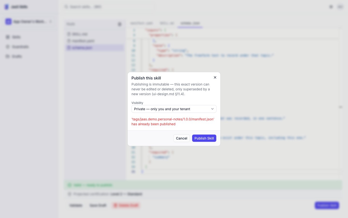 Publish dialog showing an error: manifest.json has already been published