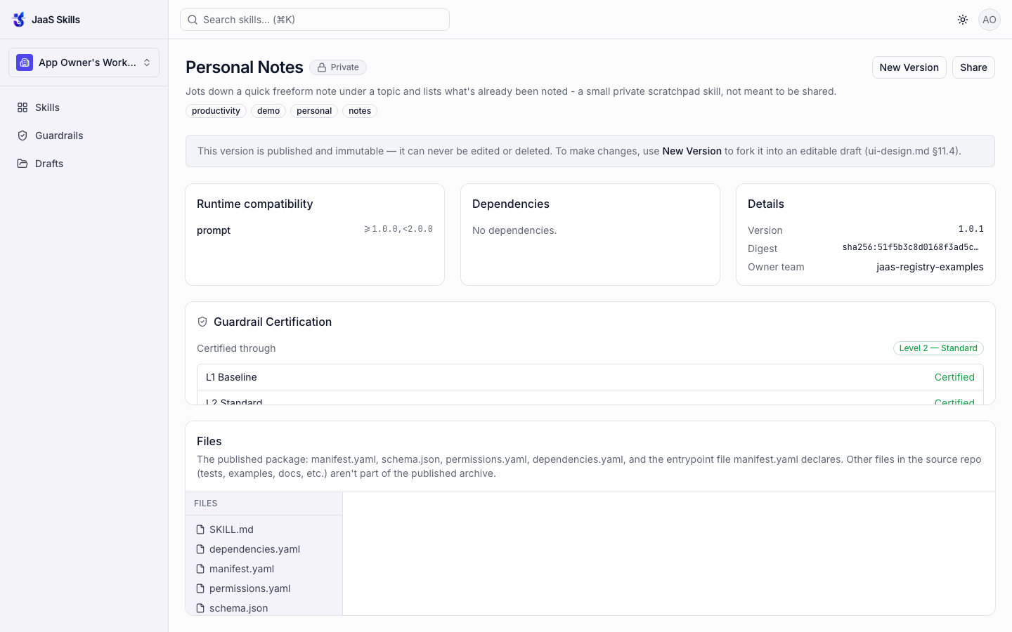 Published skill detail page for Personal Notes v1.0.1, private, Level 2 guardrail certification, auto-defaulted files listed