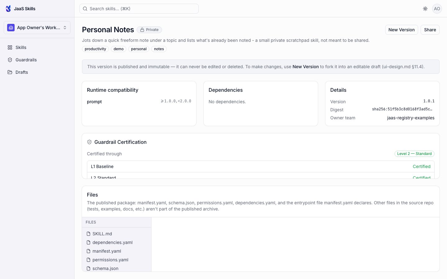 Published skill detail page for Personal Notes v1.0.1, private, Level 2 guardrail certification, auto-defaulted files listed