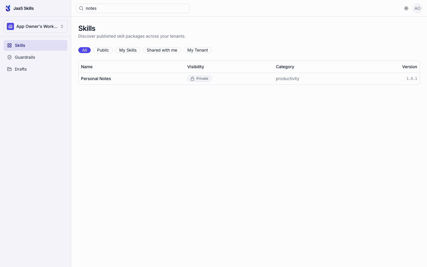 Search results showing Personal Notes, private, productivity, version 1.0.1