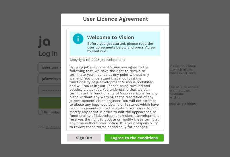 Login & User Agreement - jaDevelopment Docs