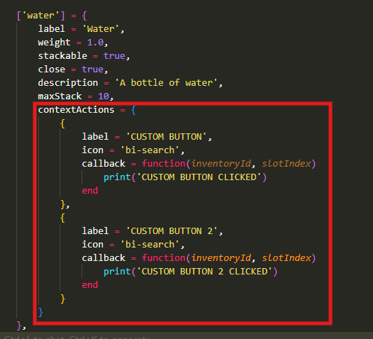 Item context actions code screenshot