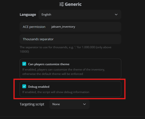 Item debug settings screenshot