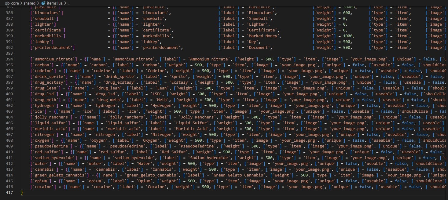 QBCore Drugs Creator items example