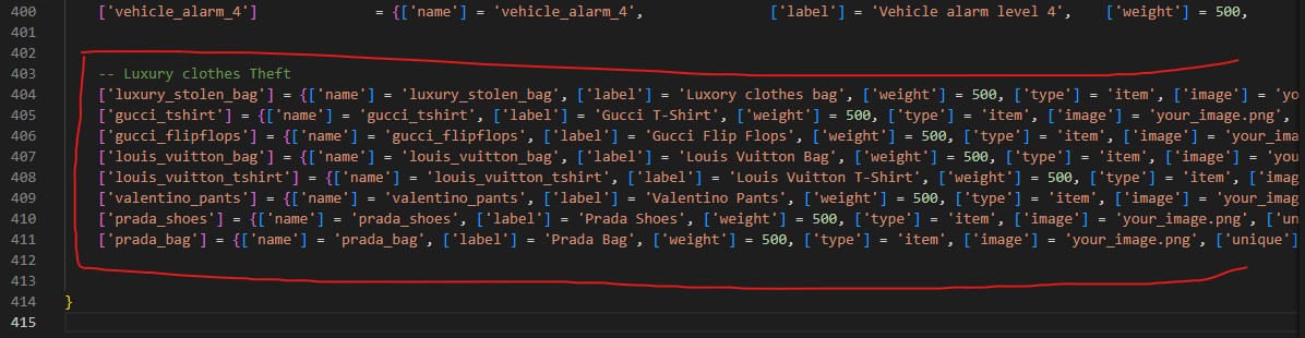 QBCore Luxury Clothes Theft items example