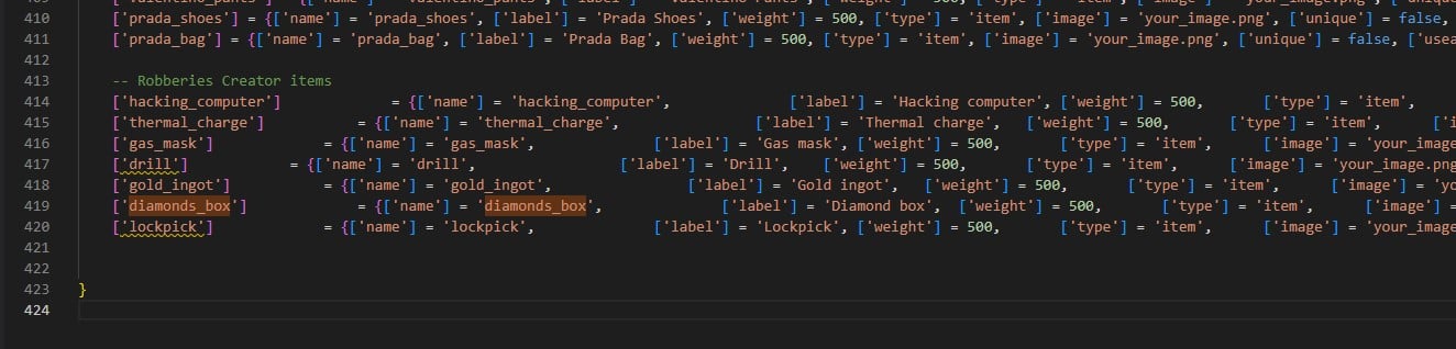 QBCore Robberies Creator items example