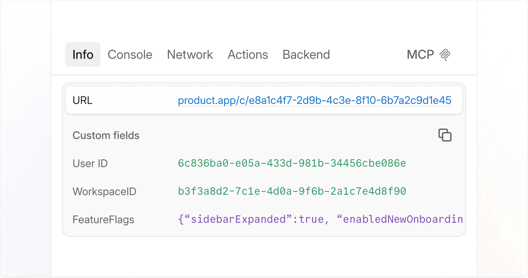 Jam Info panel showing Custom fields with User ID, WorkspaceID, and FeatureFlags values attached to the capture