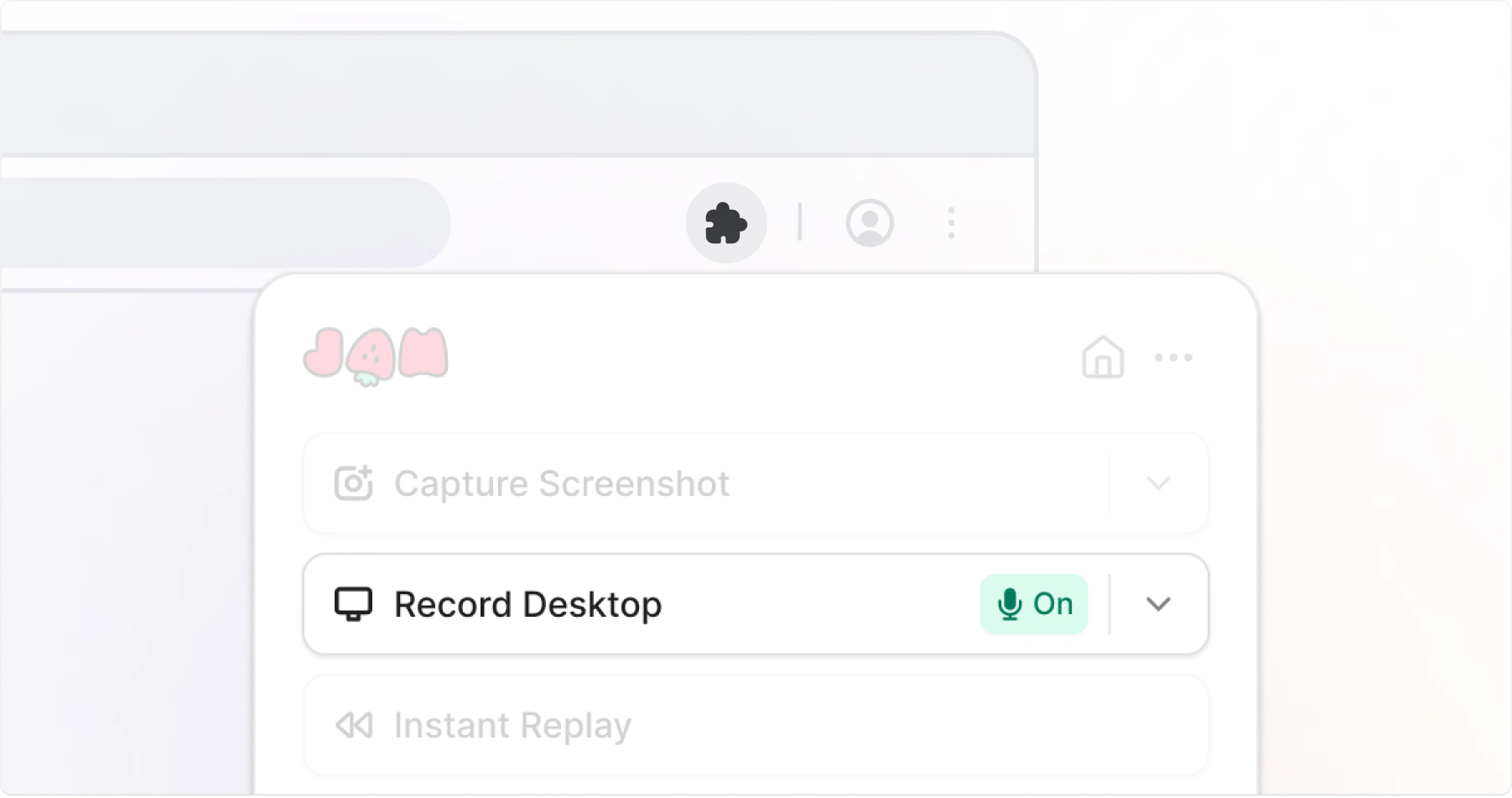 Jam extension popup with Record Desktop highlighted and microphone toggled On