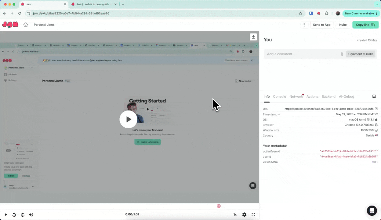 Jam DevTools panel showing a GraphQL operation name alongside the request details
