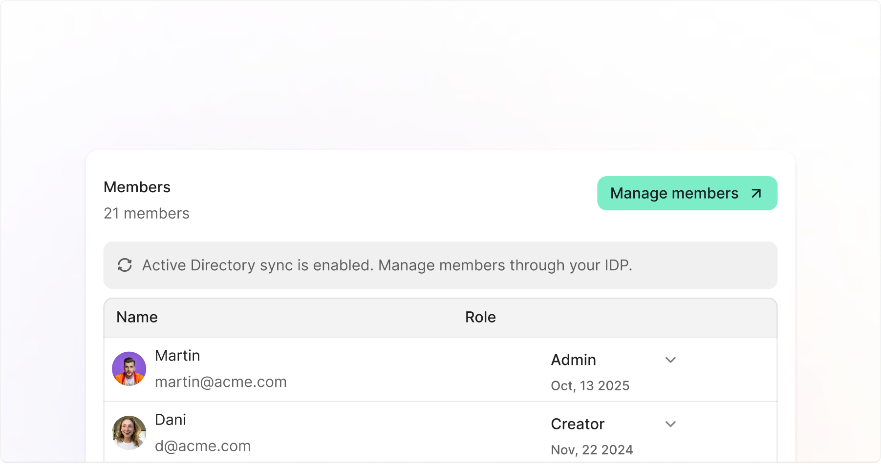 Members list with the Active Directory sync enabled banner and 21 synced members