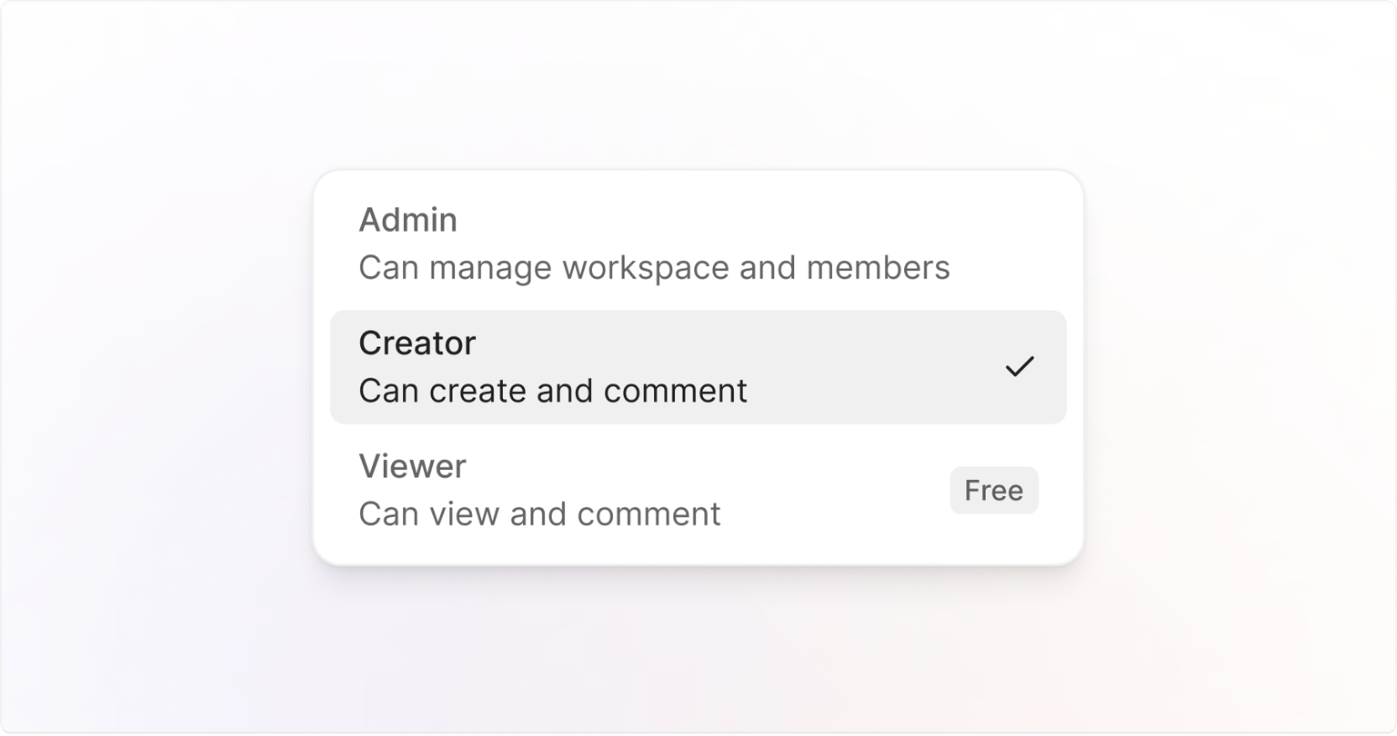 Jam role picker with Admin, Creator (selected), and Viewer (Free) seat options