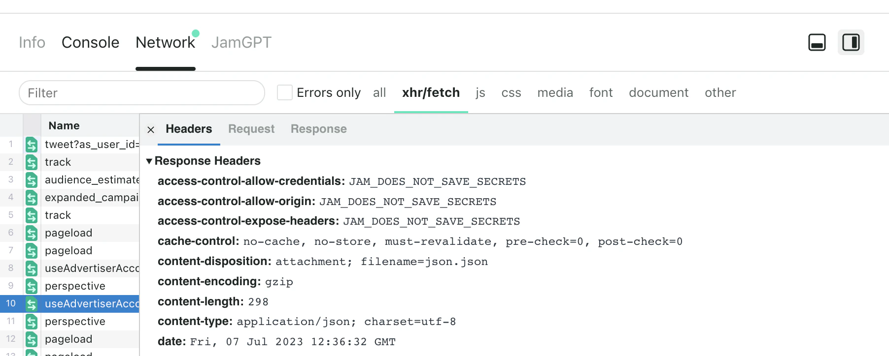Network request inspector showing JAM_DOES_NOT_SAVE_SECRETS in place of access-control-allow header values