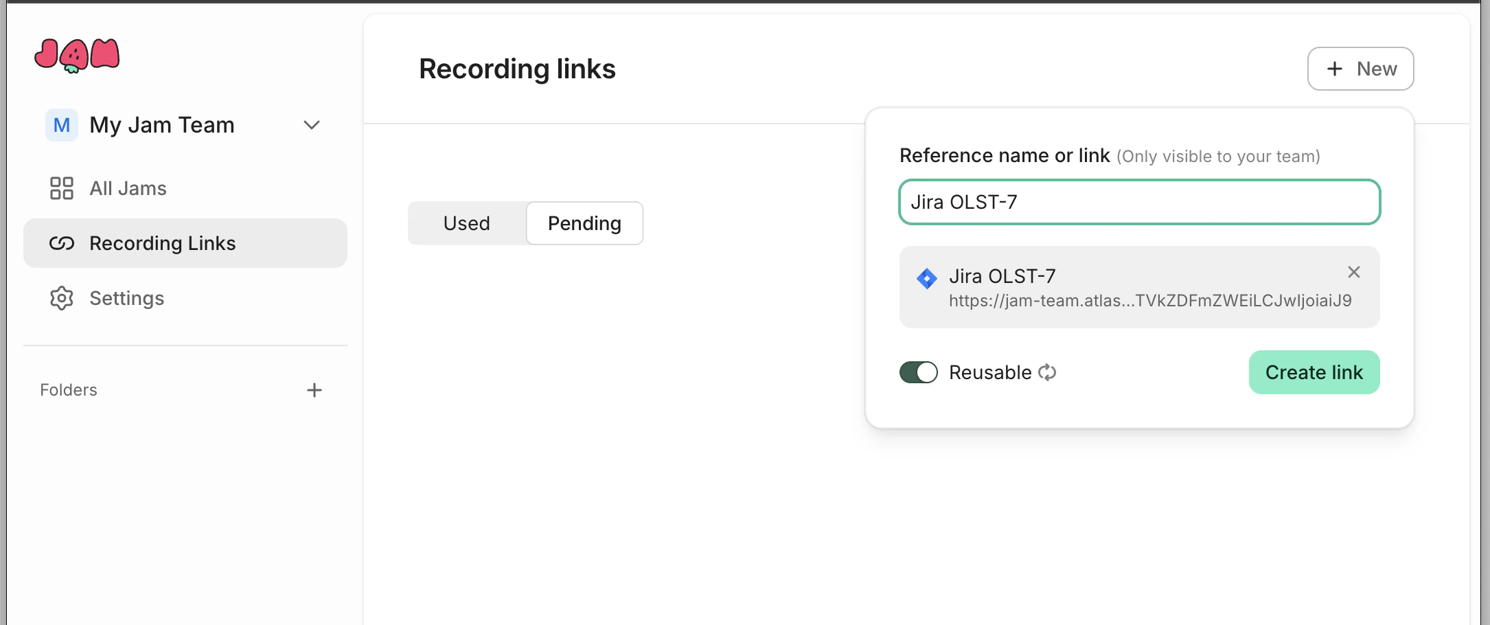 New Recording Link dialog with the Jira OLST-7 reference entered and the Reusable toggle on