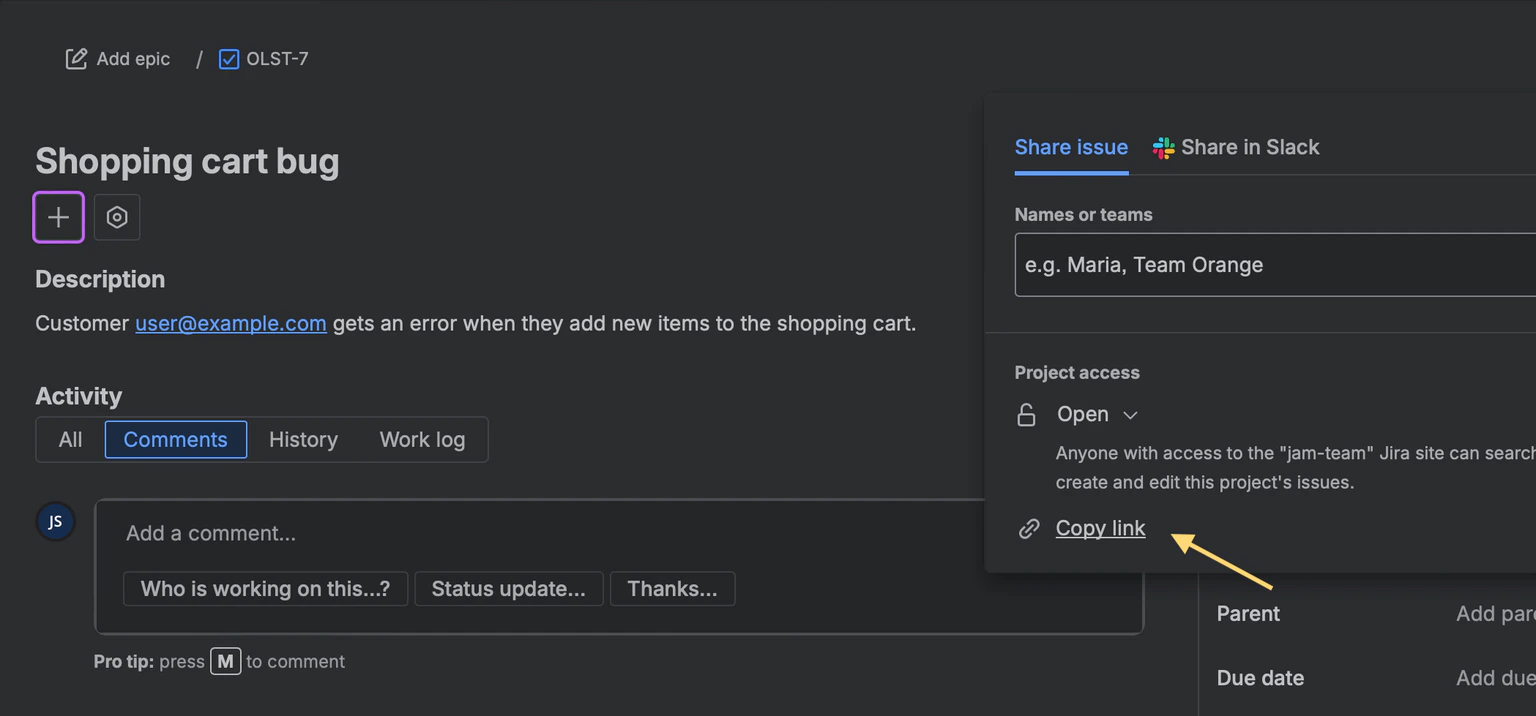 Jira ticket for a shopping cart bug with the Copy link action highlighted