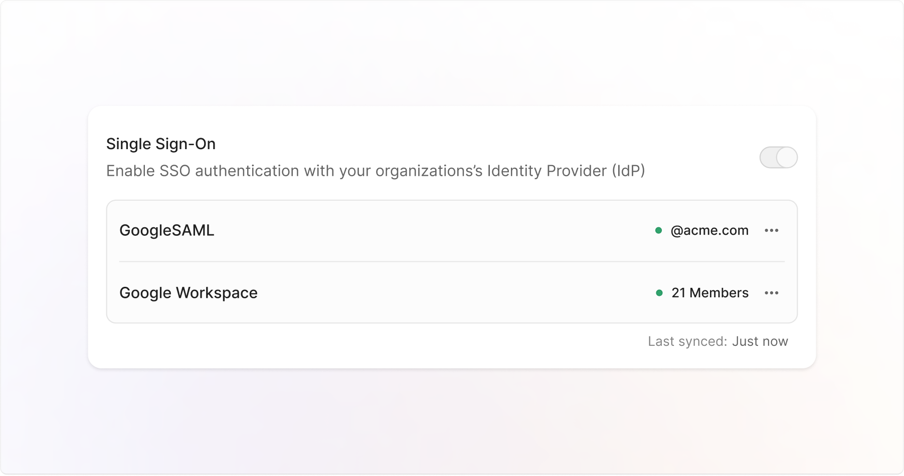 Single Sign-On settings showing GoogleSAML for @acme.com and Google Workspace with 21 synced members