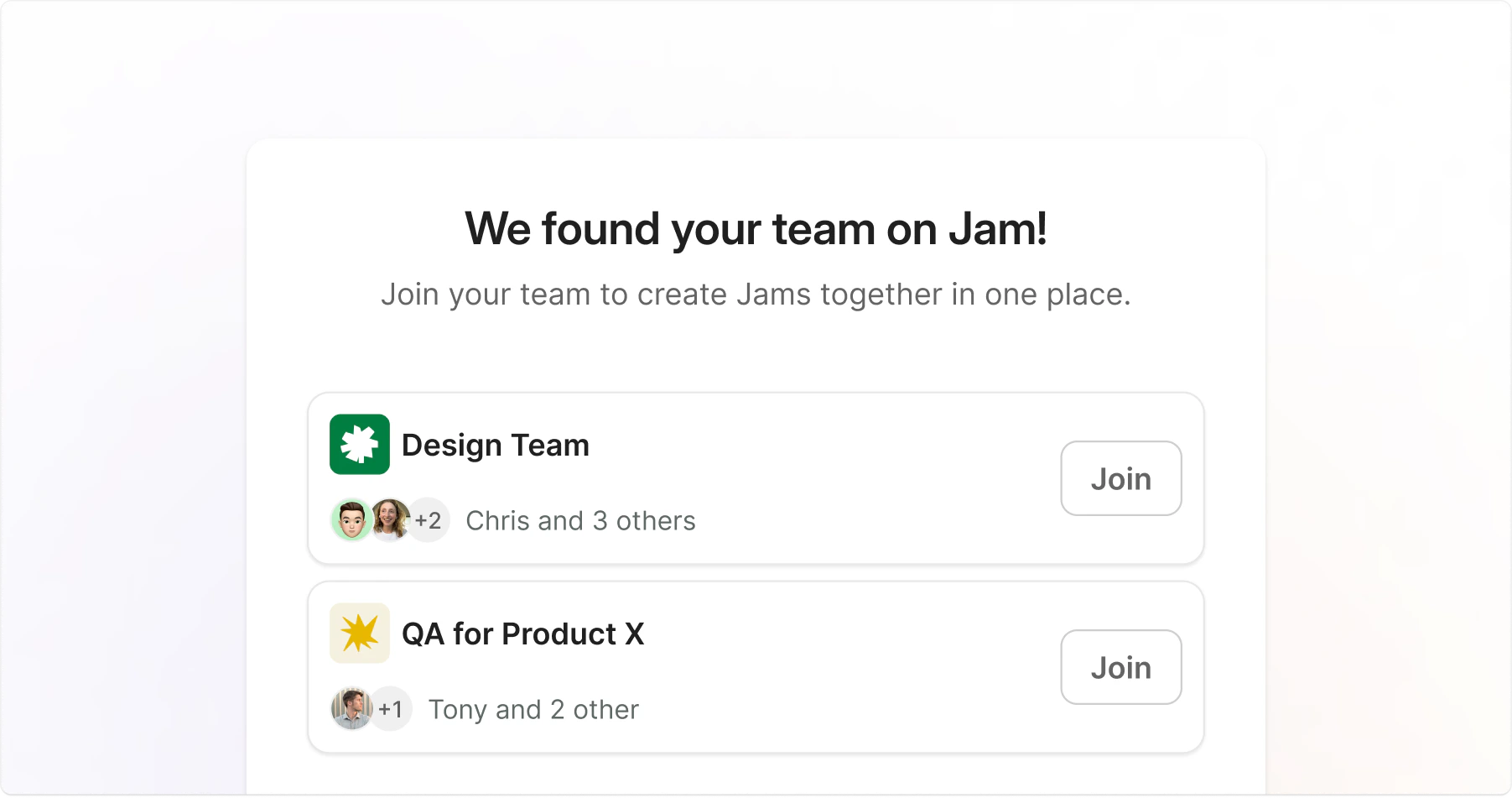 We found your team on Jam discovery modal, prompting a new signup to join the Design Team or QA for Product X workspace