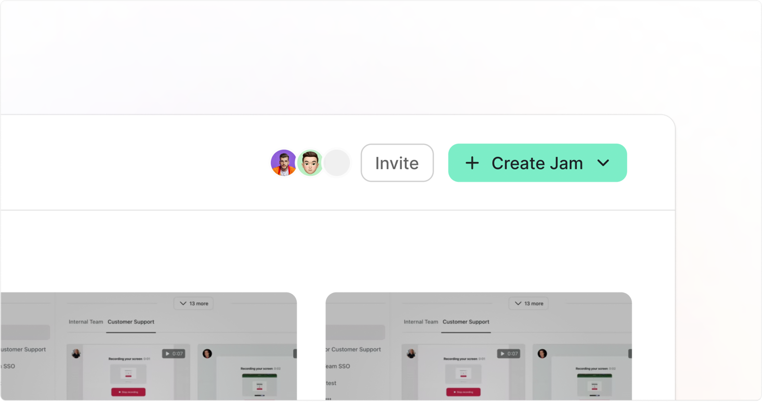 Jam workspace header with member avatars, the Invite and + Create Jam buttons, and folder tabs for Internal Team and Customer Support
