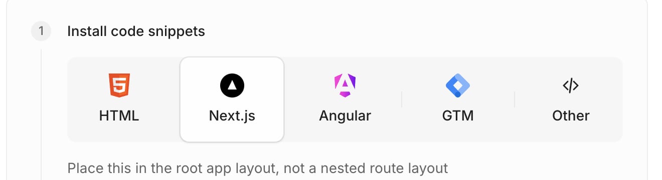 Connect Domain step with framework options HTML, Next.js, Angular, GTM, and Other