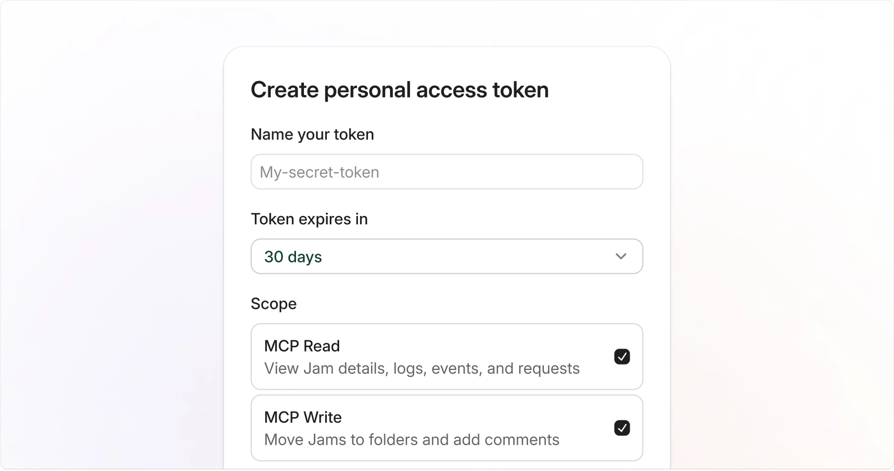 Settings MCP token modal with name, expiration, and scope fields