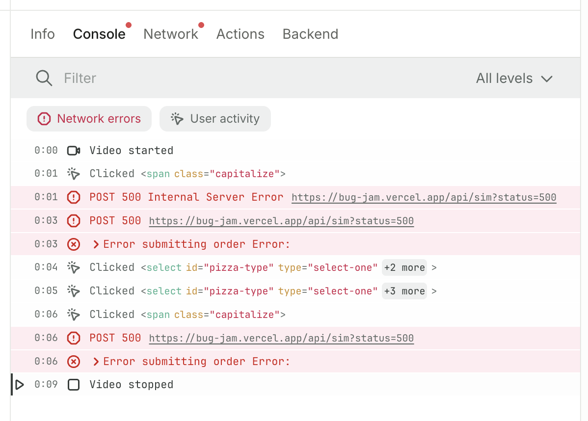 Console tab in a Jam showing captured logs with severity filters