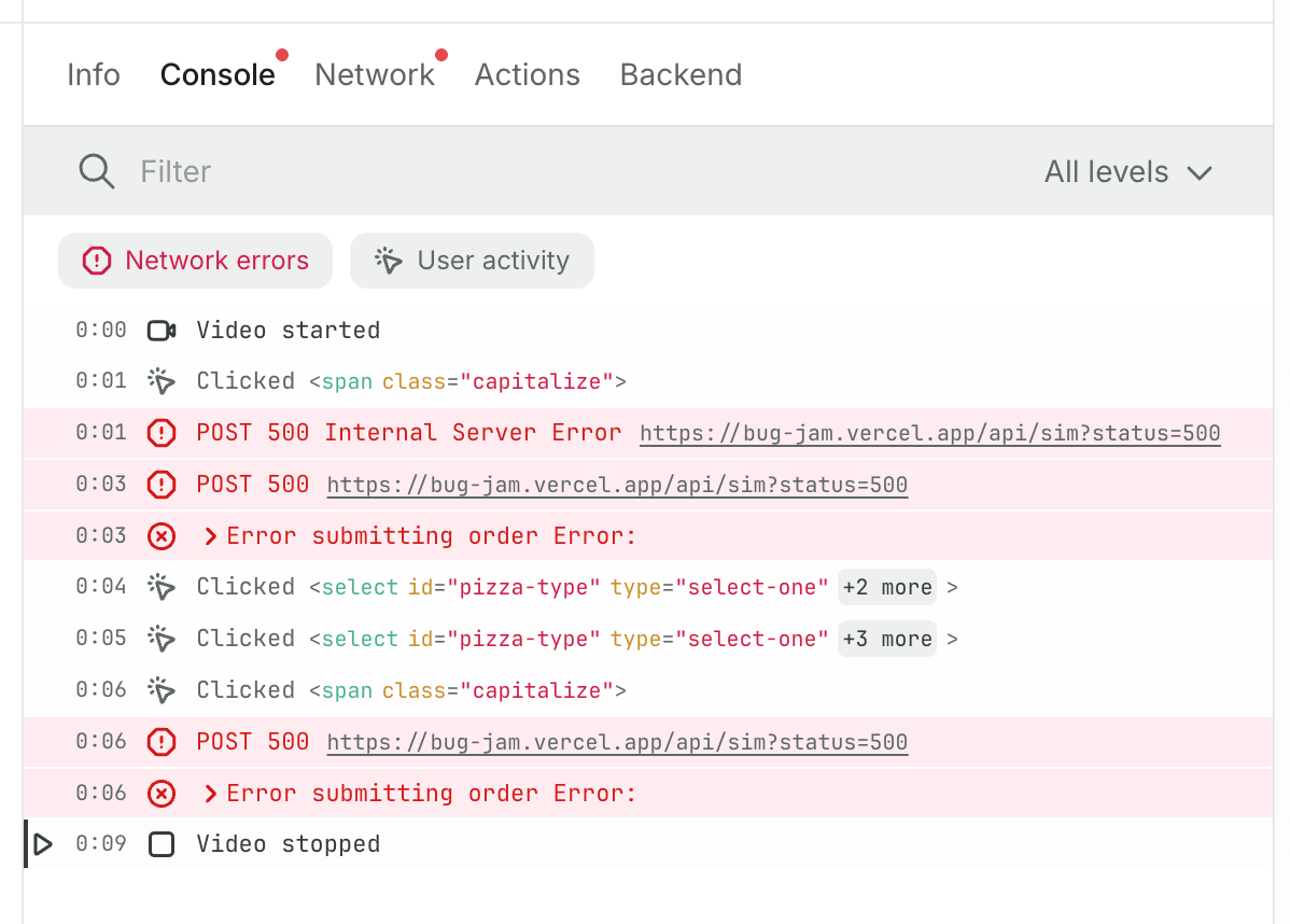Console tab Console tab in a Jam showing captured logs with severity filters