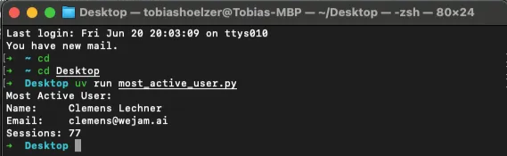 Terminal output: the most active user's name, email, and session count