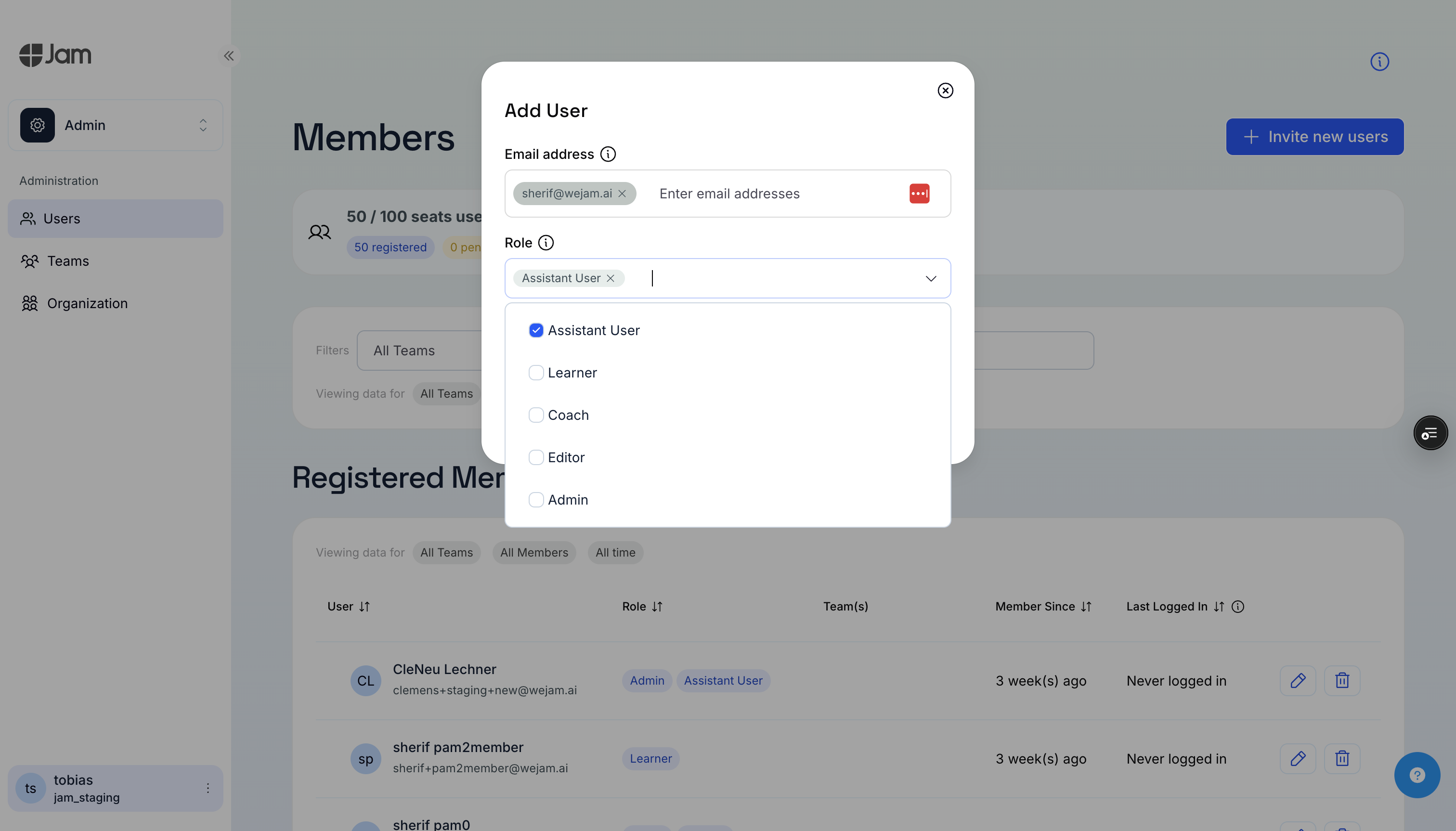 Add User dialog with the Assistant User role selected