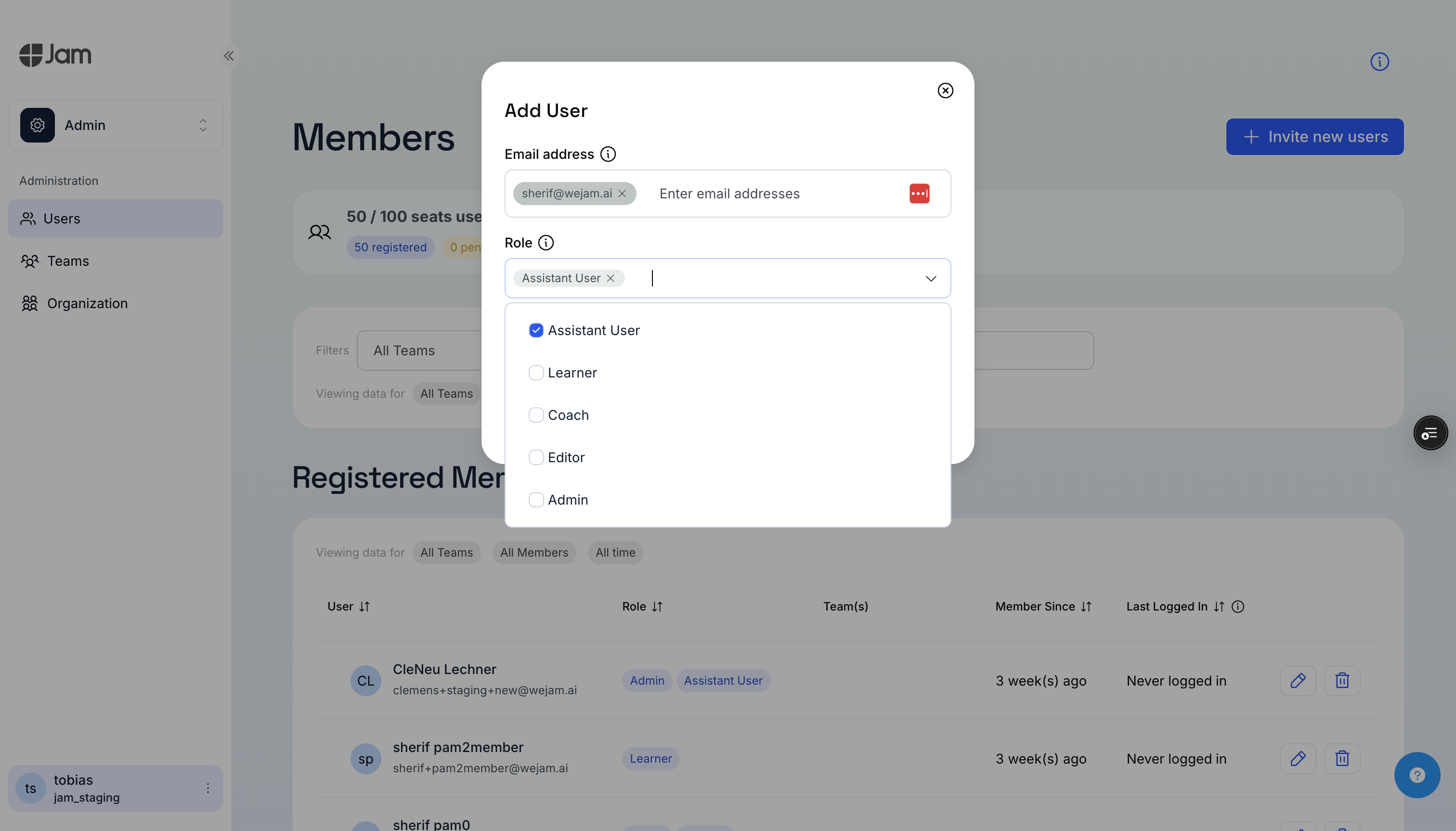 Add User dialog with the Assistant User role selected