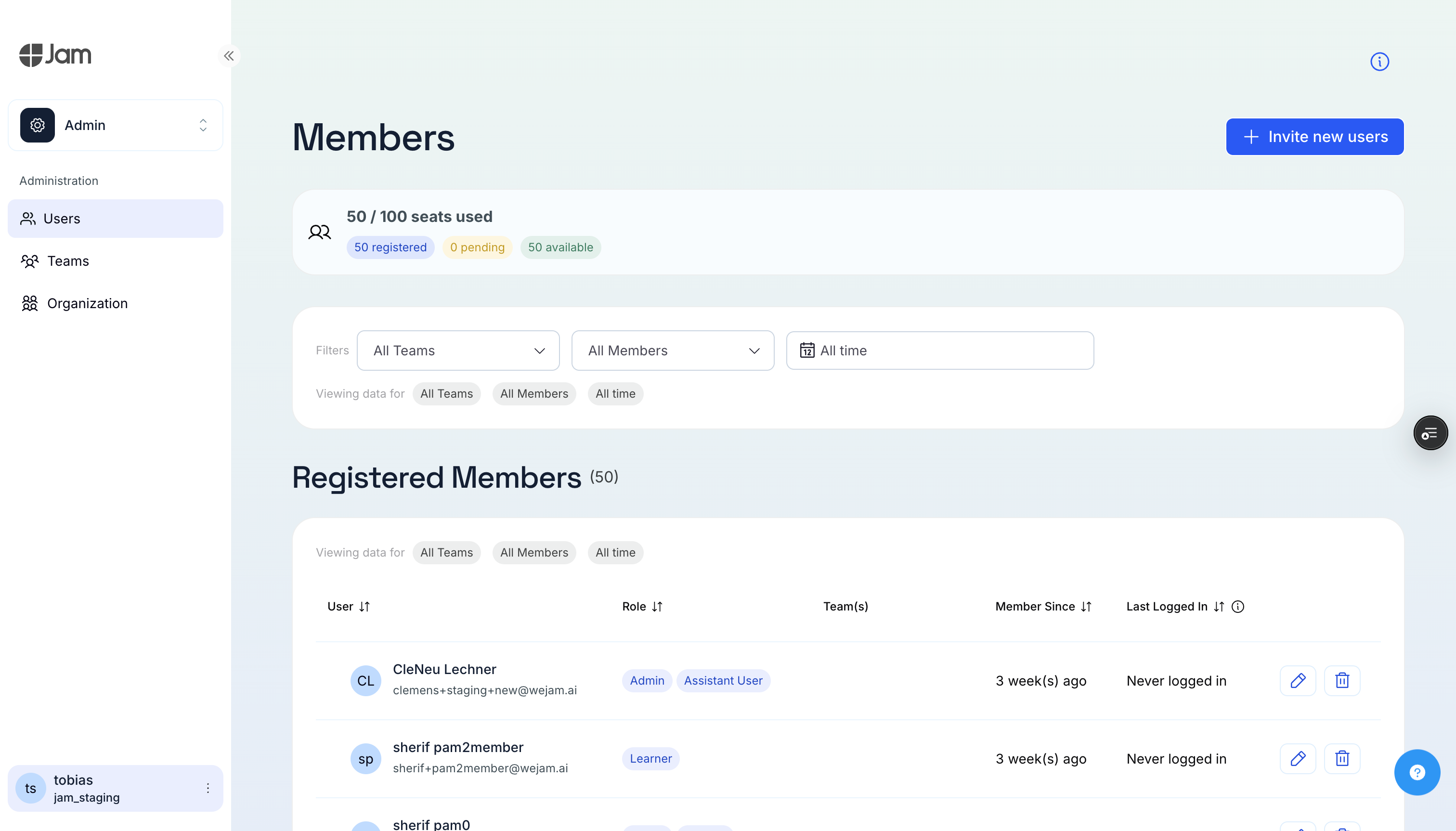 Users page on the platform, showing seat usage and registered members