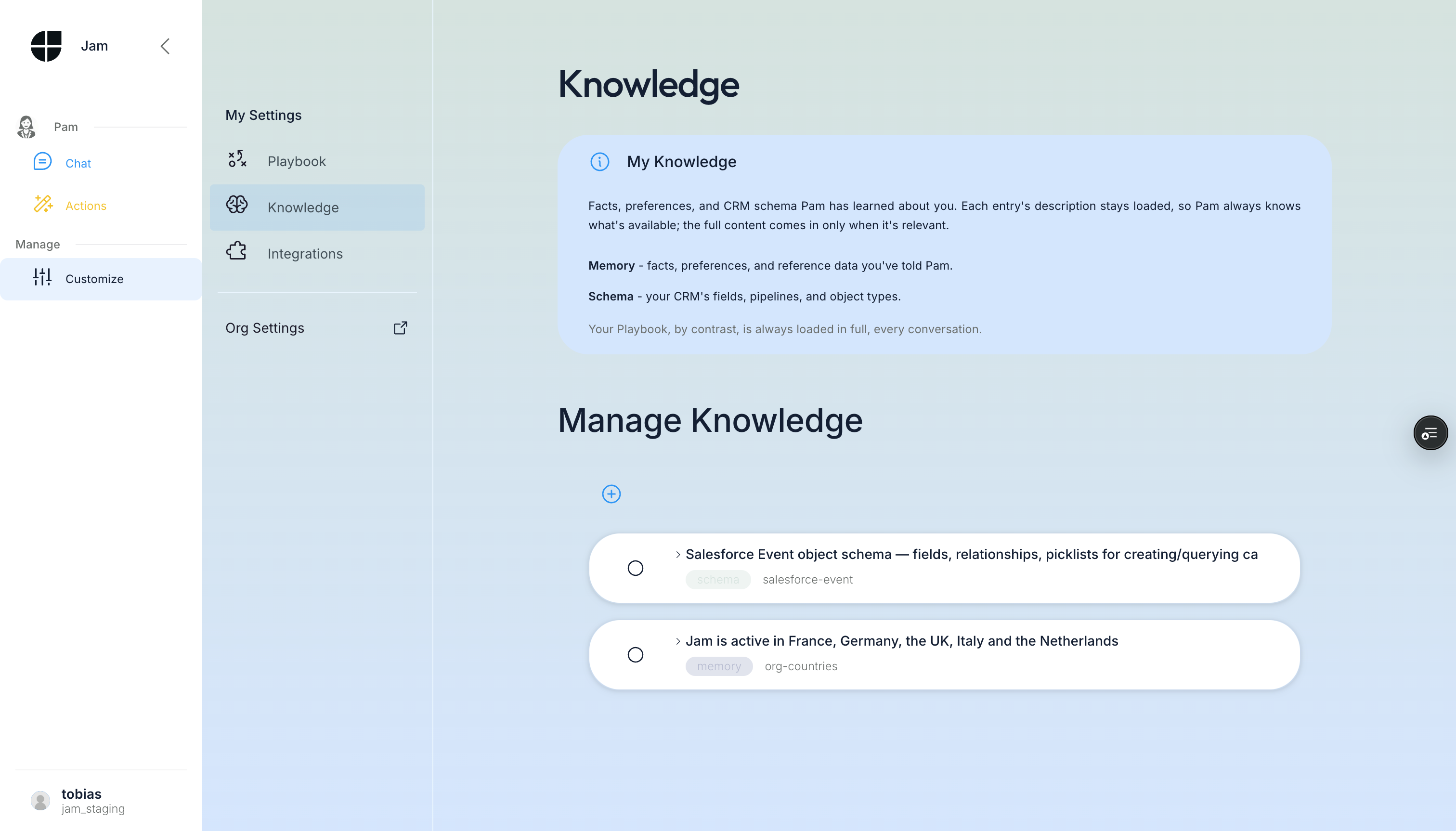 My Settings > Knowledge page showing the explanation card and personal entries